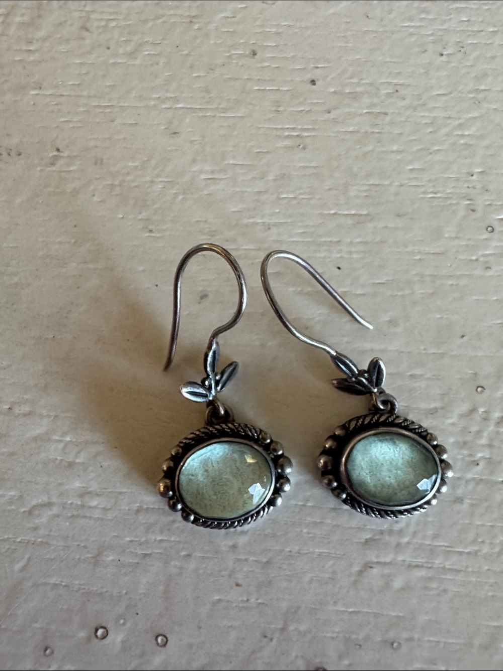 Silver Leaf Drop Earrings with Pale Aquamarine Cabochons